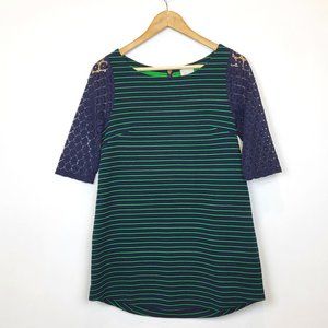 Anthropologie Postmark Blue Green Stripe Lace Sleeve Mini Dress, Size XS, GUC